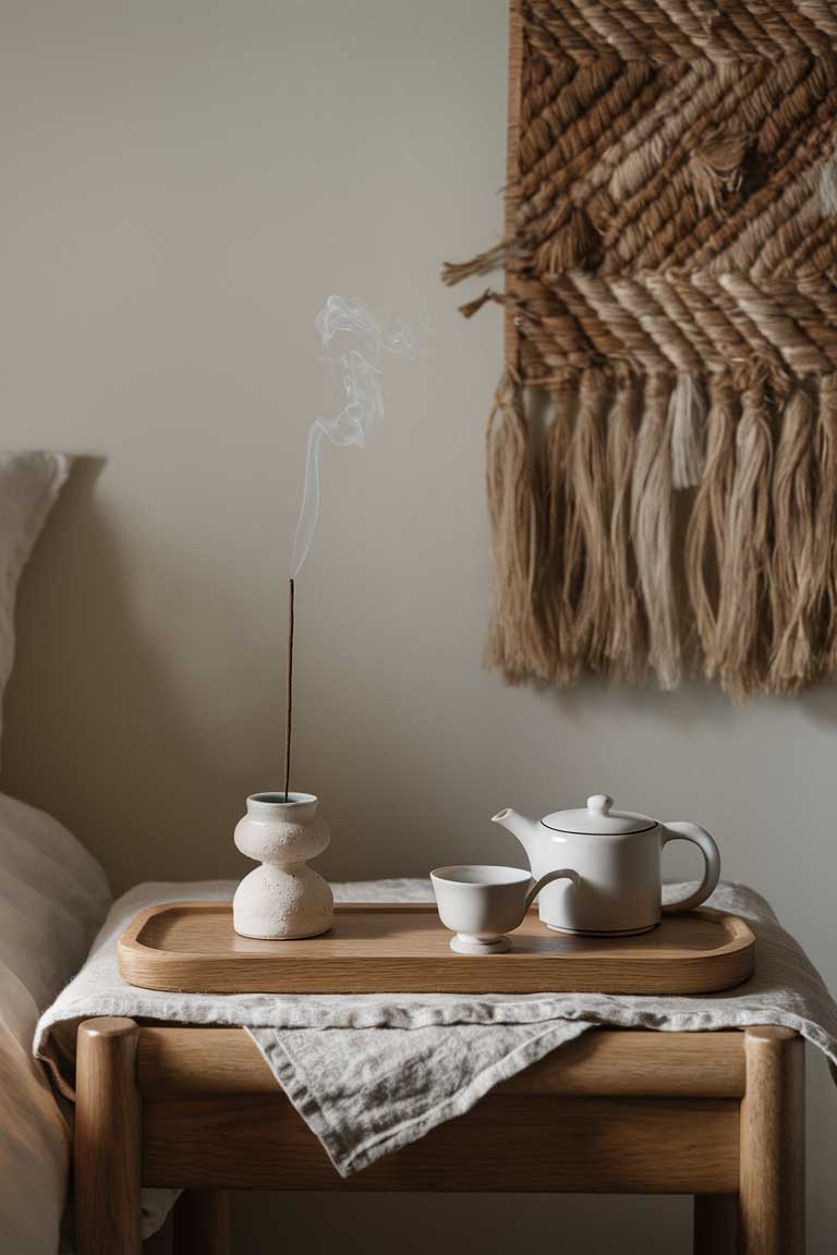 A wooden bedside table featuring a handcrafted ceramic incense holder with a thin trail of smoke rising from it. Next to it sits a minimalist wooden tea tray holding a simple white teapot and cup. On the wall above, a hand-woven wall hanging in natural fibers and muted colors adds subtle texture and visual interest.