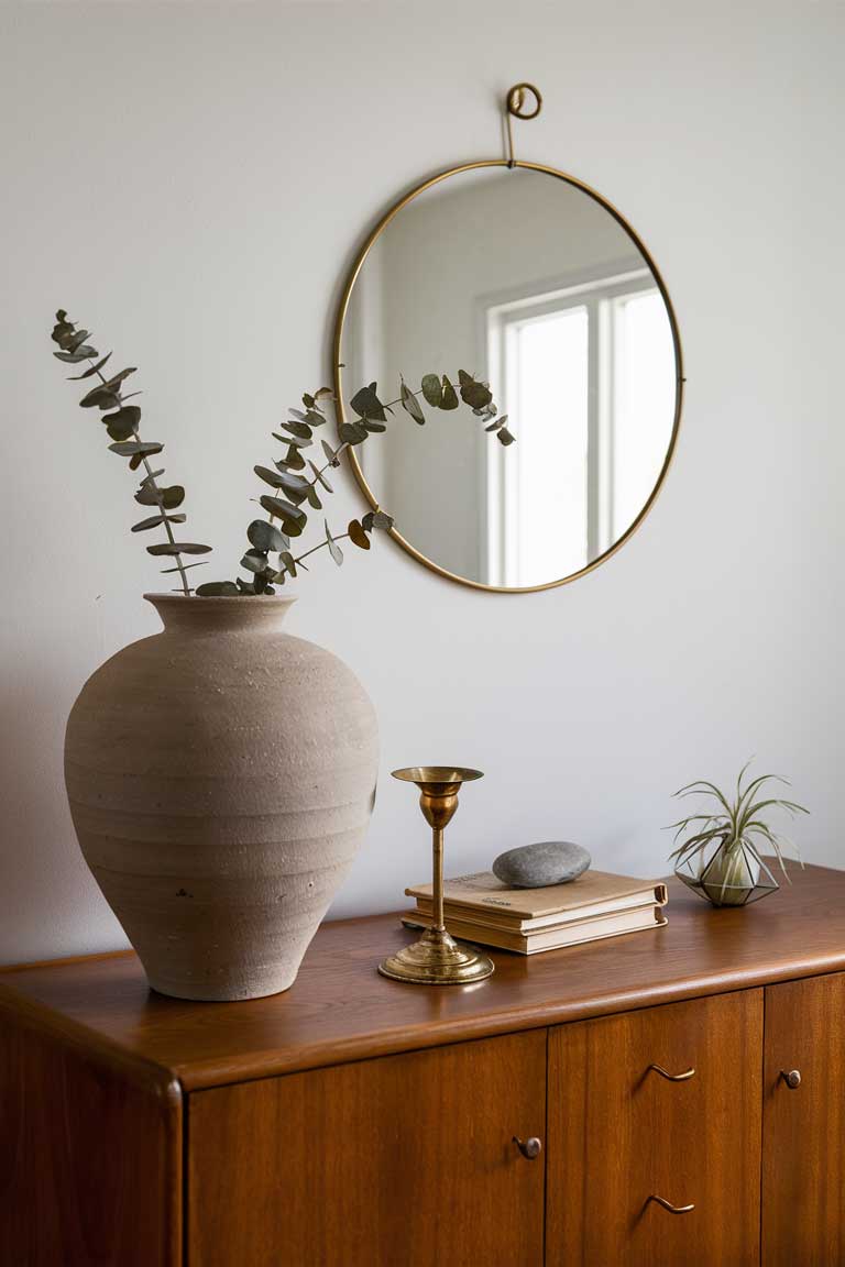 A wooden console table against a white wall. On the table, a large, handmade ceramic vase in a matte finish holds a few stems of dried eucalyptus. Next to it, a small collection of objects is artfully arranged: a vintage brass candlestick, a small stack of art books with a smooth river stone on top, and a tiny air plant in a geometric holder. Above the console, a simple round mirror with a thin brass frame reflects the room.