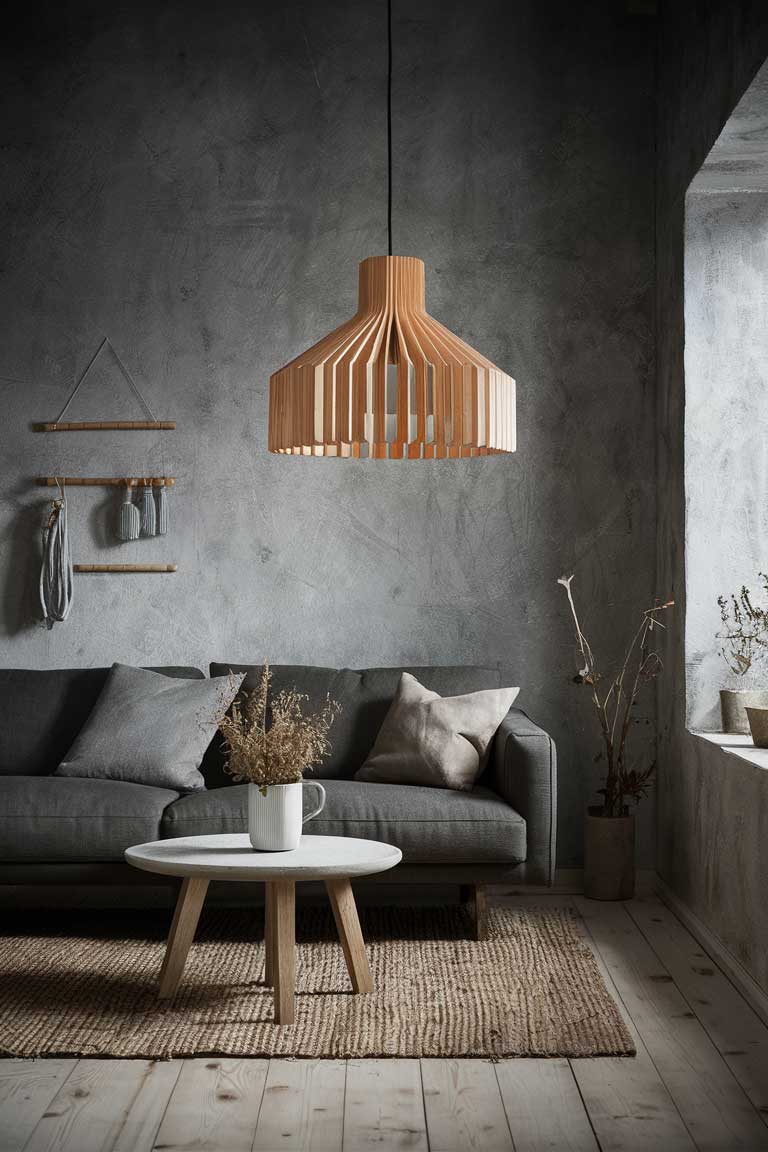 A wooden pendant light with a simple, geometric shape hanging in a rustic minimalist living room.