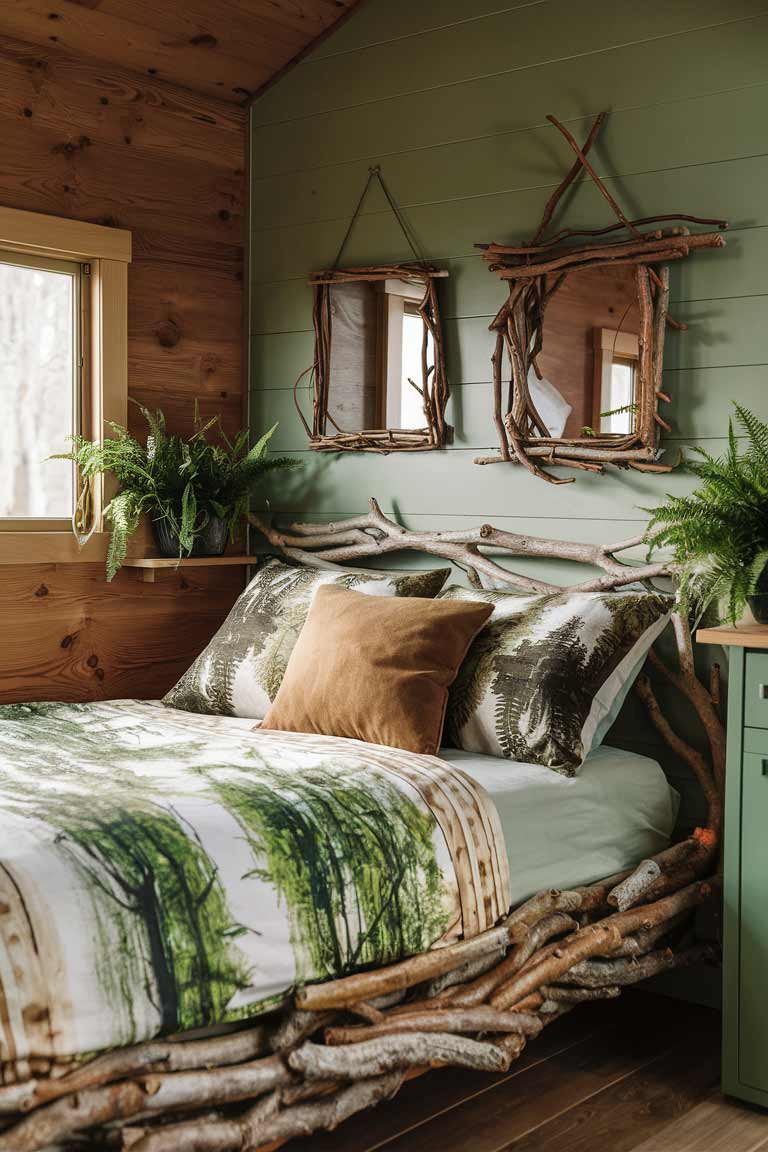 A woodland retreat-style tiny house bedroom with knotty pine walls. The bed frame is made of intertwined branches, and the bedding features a forest-inspired print. Twig-framed mirrors hang on the wall, and potted ferns add a touch of green. The color palette is dominated by soft greens and browns.