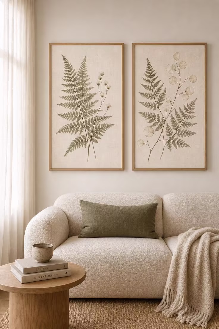 11 Stunning Above Couch Wall Decor Ideas Worth Copying 1 Two oversized botanical linen prints in slim oak frames hung above a cream boucle sofa with soft morning light filtering through sheer curtains
