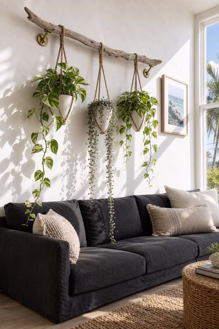 11 Stunning Above Couch Wall Decor Ideas Worth Copying 2 Driftwood branch mounted above a charcoal sofa with three hanging ceramic planters trailing pothos and string-of-hearts in bright midday light