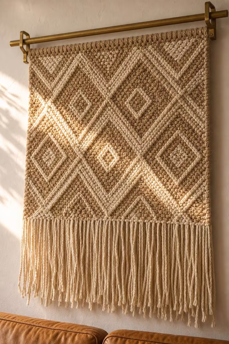 11 Stunning Above Couch Wall Decor Ideas Worth Copying 4 Close-up detail of a handwoven jute and cotton wall hanging with diamond pattern on a brass rod in warm afternoon light