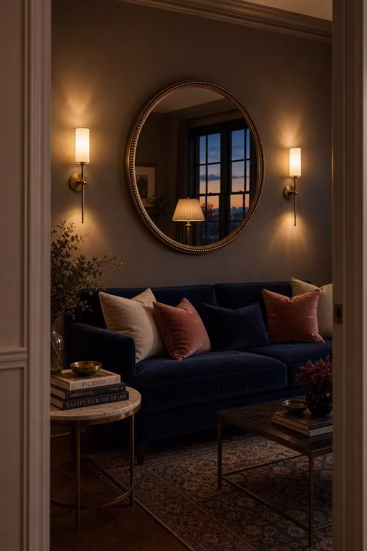 11 Stunning Above Couch Wall Decor Ideas Worth Copying 5 Round antiqued brass mirror with beaded trim above a navy velvet sofa flanked by brass wall sconces in moody evening light