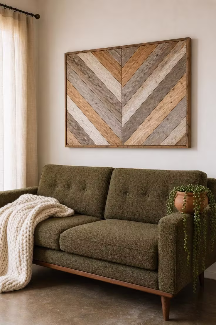 11 Stunning Above Couch Wall Decor Ideas Worth Copying 6 Reclaimed barn wood chevron panel above an olive boucle mid-century sofa in soft diffused light with trailing plant and knit throw
