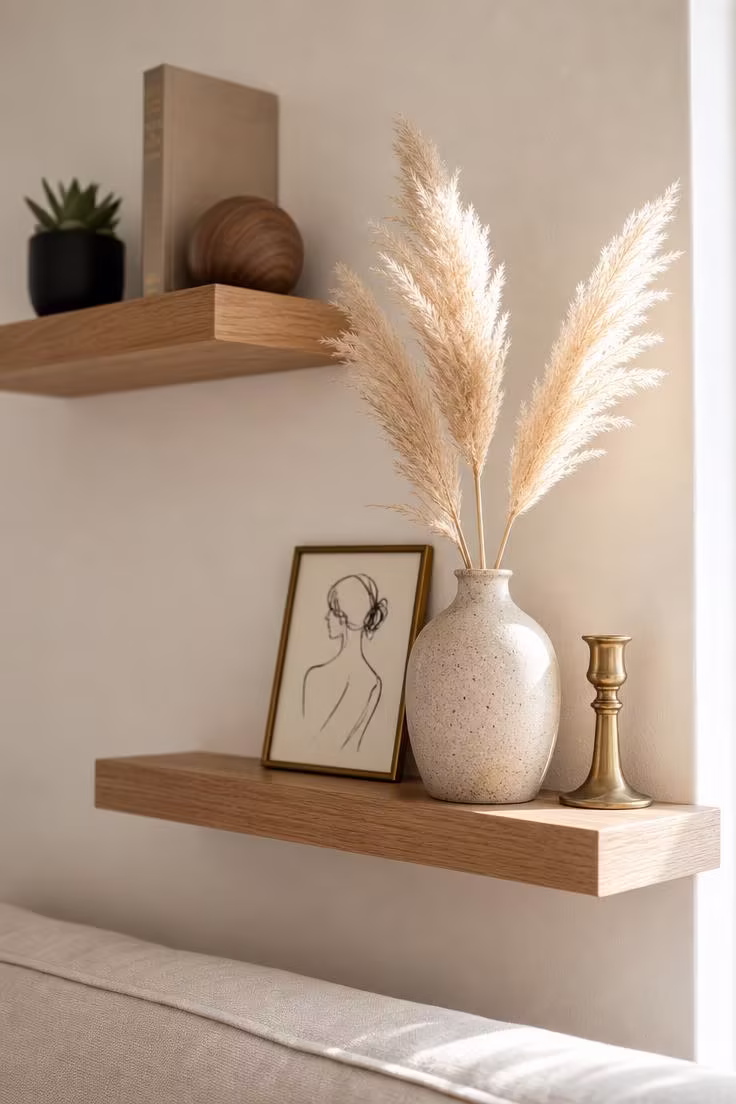 11 Stunning Above Couch Wall Decor Ideas Worth Copying 7 Two staggered white oak floating shelves with ceramics, dried pampas grass, and brass accents above a linen sofa in bright midday light
