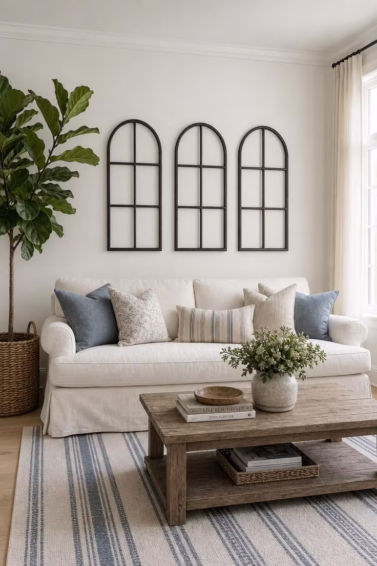11 Stunning Above Couch Wall Decor Ideas Worth Copying 8 Three arched wrought iron window frames without glass mounted in a row above a cream linen sofa in cool overcast morning light