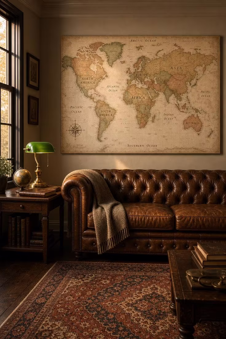 11 Stunning Above Couch Wall Decor Ideas Worth Copying 9 Vintage-style stretched canvas world map in earth tones above a cognac leather Chesterfield sofa in warm golden-hour living room light