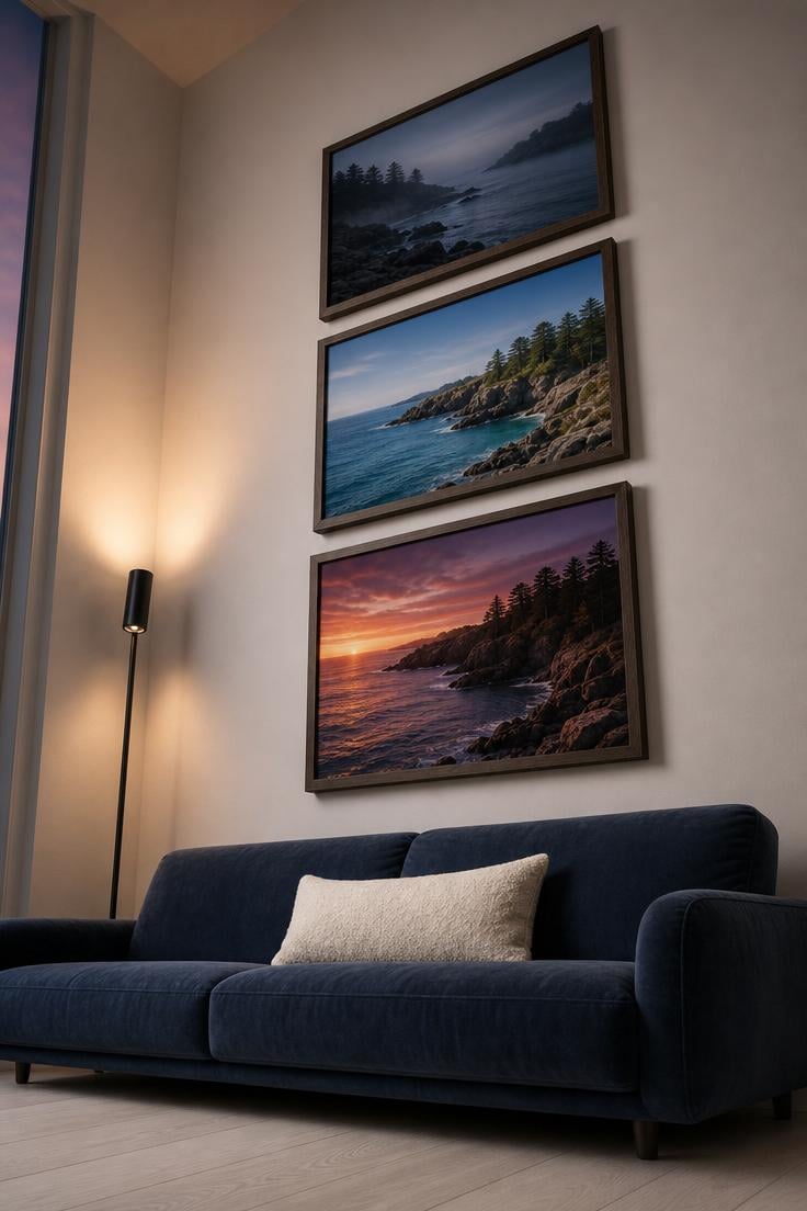 11 Stunning Above Couch Wall Decor Ideas Worth Copying 10 Three vertically stacked coastline photographs in walnut frames showing dawn, midday, and dusk above a slate-blue velvet sofa in moody light