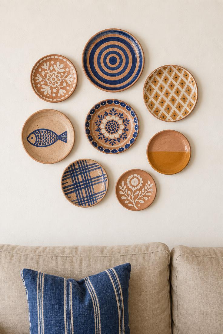 11 Stunning Above Couch Wall Decor Ideas Worth Copying 11 Overhead view of hand-painted terracotta plates in cobalt blue and ochre arranged in a loose cluster above a sand linen sofa in bright diffused light