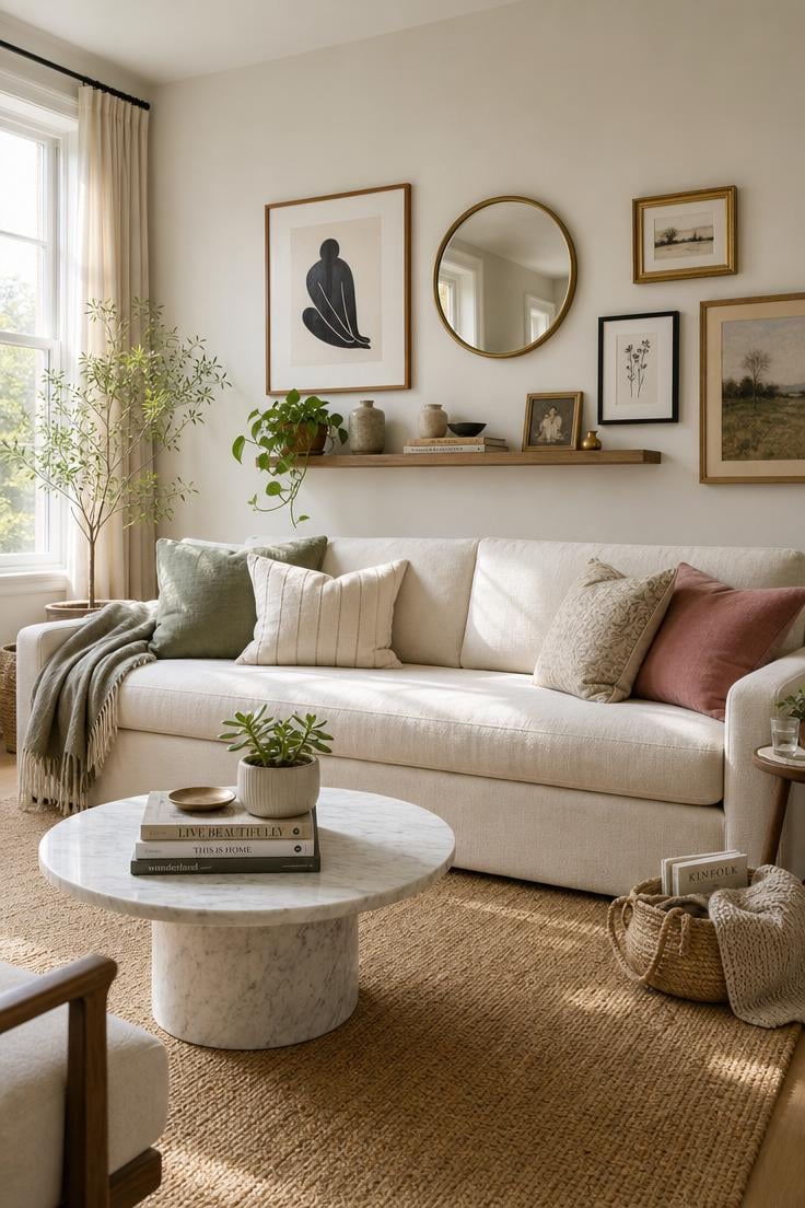 Simple Spaces 19 Bright airy living room with a cream linen sofa and curated above-couch wall arrangement of framed art, round brass mirror, and floating shelf in soft late-morning light