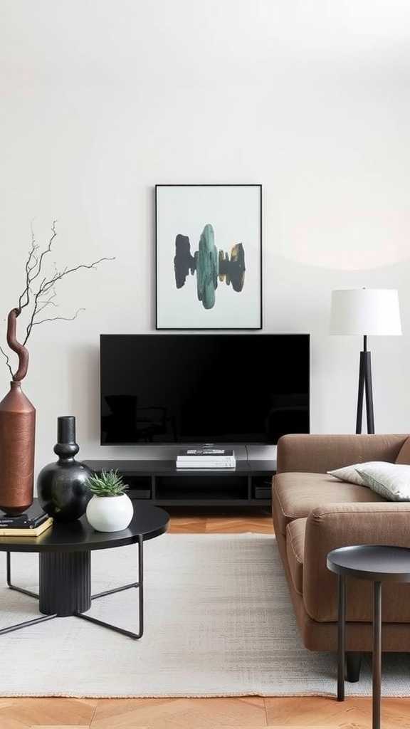 A modern minimalist living room featuring a grey sofa, round coffee table, and accent decor.