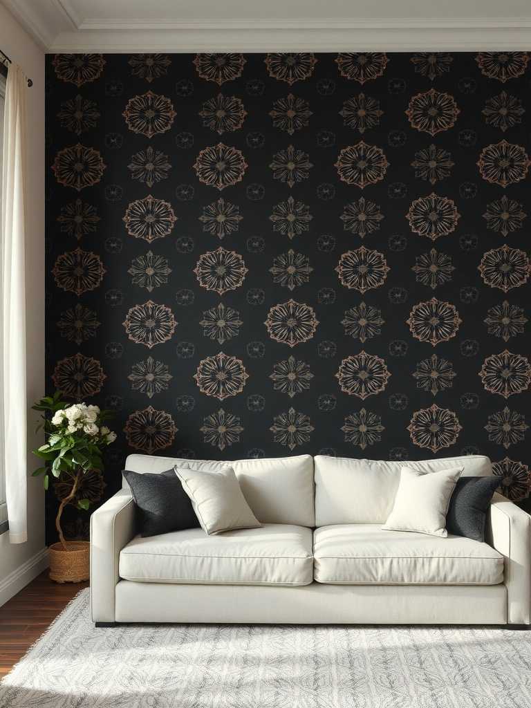 A modern luxury living room featuring a patterned black accent wall with gold floral designs, a light-colored sofa, and a potted plant.