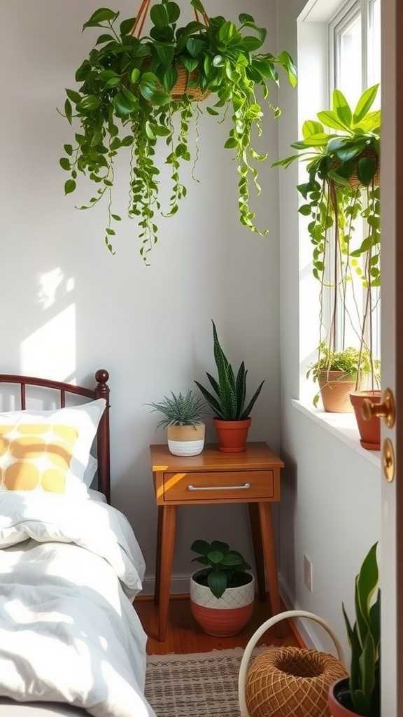 A cozy small bedroom featuring plants by the window, enhancing the fresh feel of the space.