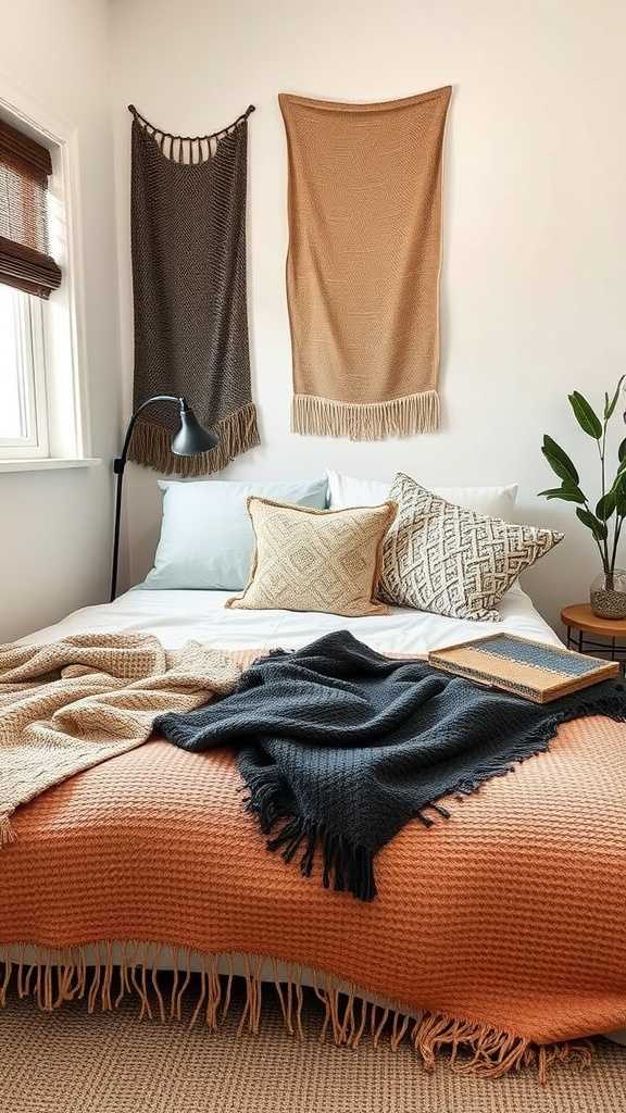 A cozy small bedroom with various cushions and throws arranged on a couch