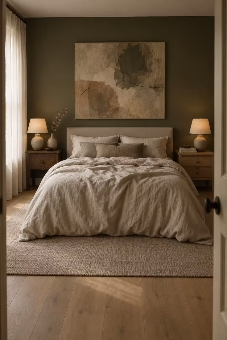13 Calm Adult Bedroom Ideas for Women to Feel at Home 1 Deep olive matte wall behind a bed dressed in rumpled oatmeal linen, mismatched wooden nightstands, ceramic lamps, and one large abstract canvas, with diffused daylight from the left.