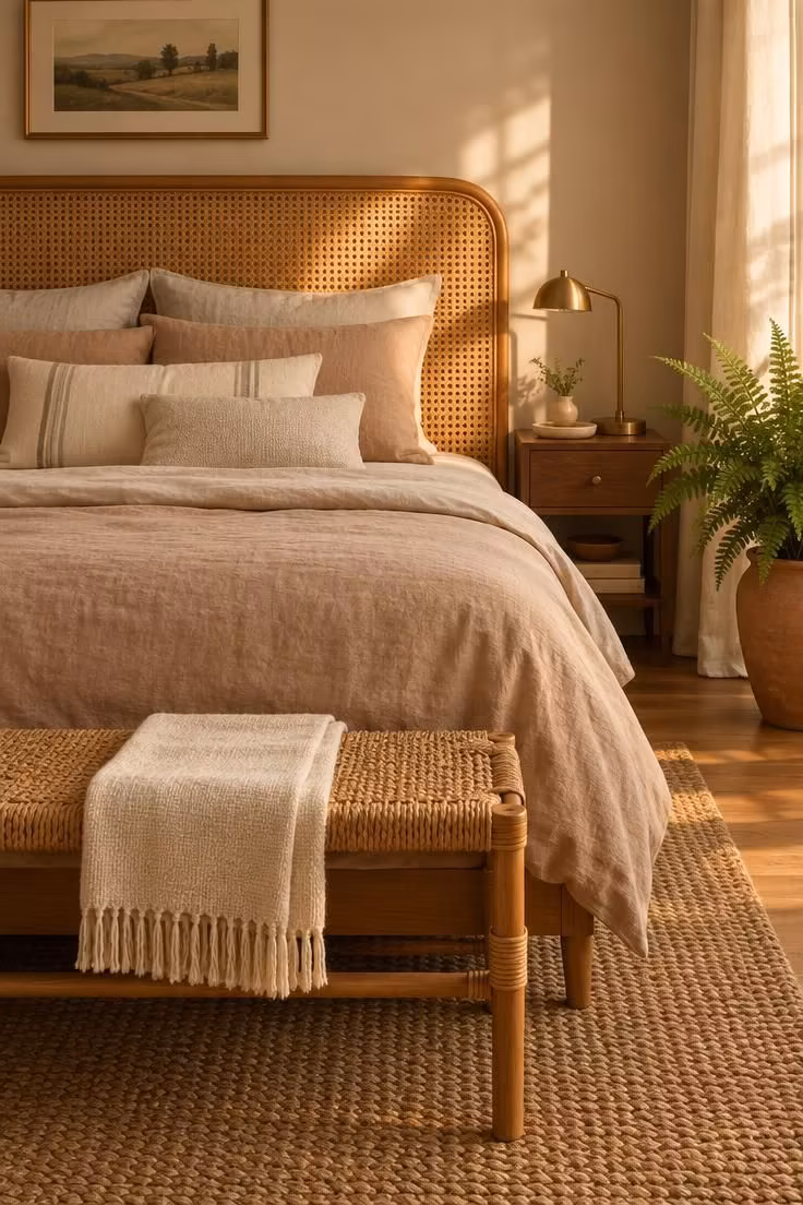 13 Calm Adult Bedroom Ideas for Women to Feel at Home 2 Cane webbing headboard in honey tones above pale clay washed cotton bedding, layered jute rug, rattan bench at the foot, and a potted fern in warm afternoon light.