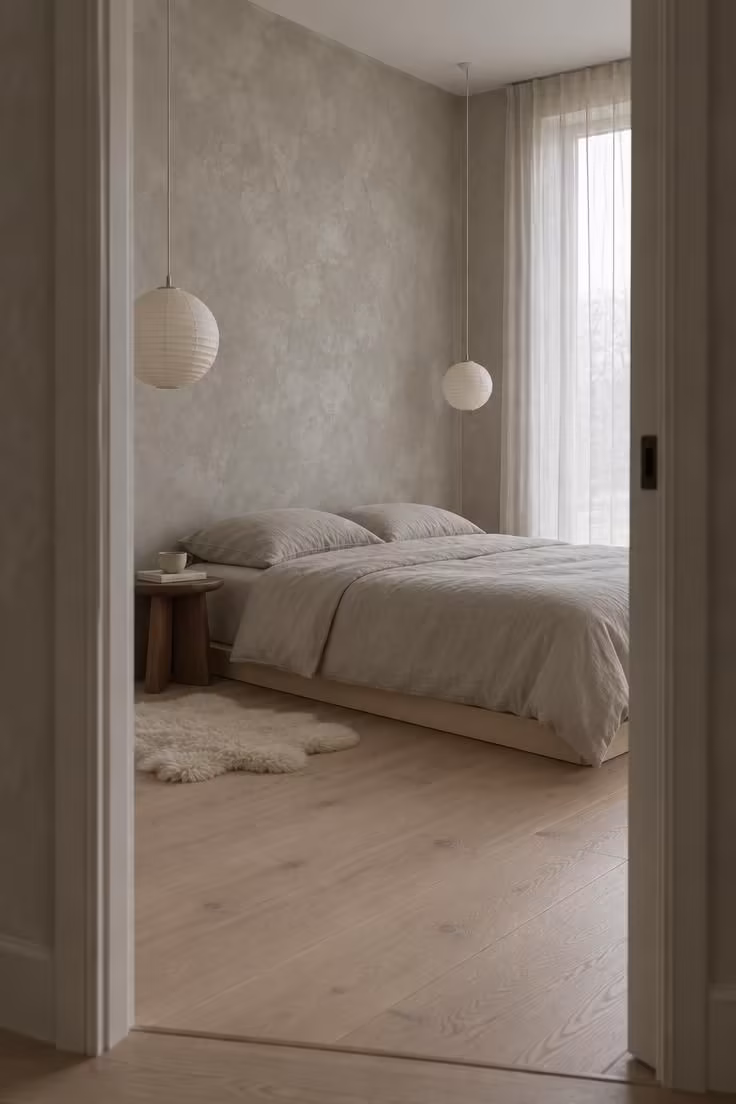 13 Calm Adult Bedroom Ideas for Women to Feel at Home 3 Mottled putty limewash wall behind a low white oak platform bed with two paper lantern pendants at different heights, greige bedding, and cool overcast light.
