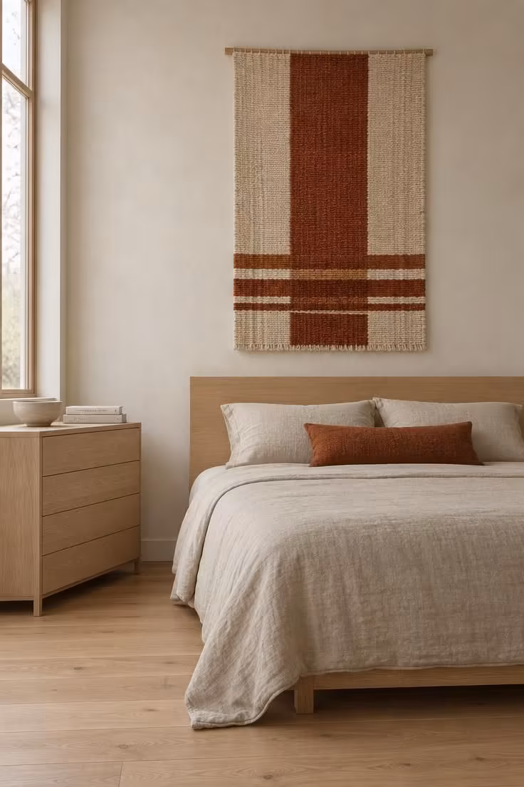 13 Calm Adult Bedroom Ideas for Women to Feel at Home 5 One large handwoven cream and rust wool hanging centered above an oatmeal linen bed, blank walls on either side, and a white oak dresser in soft north light.