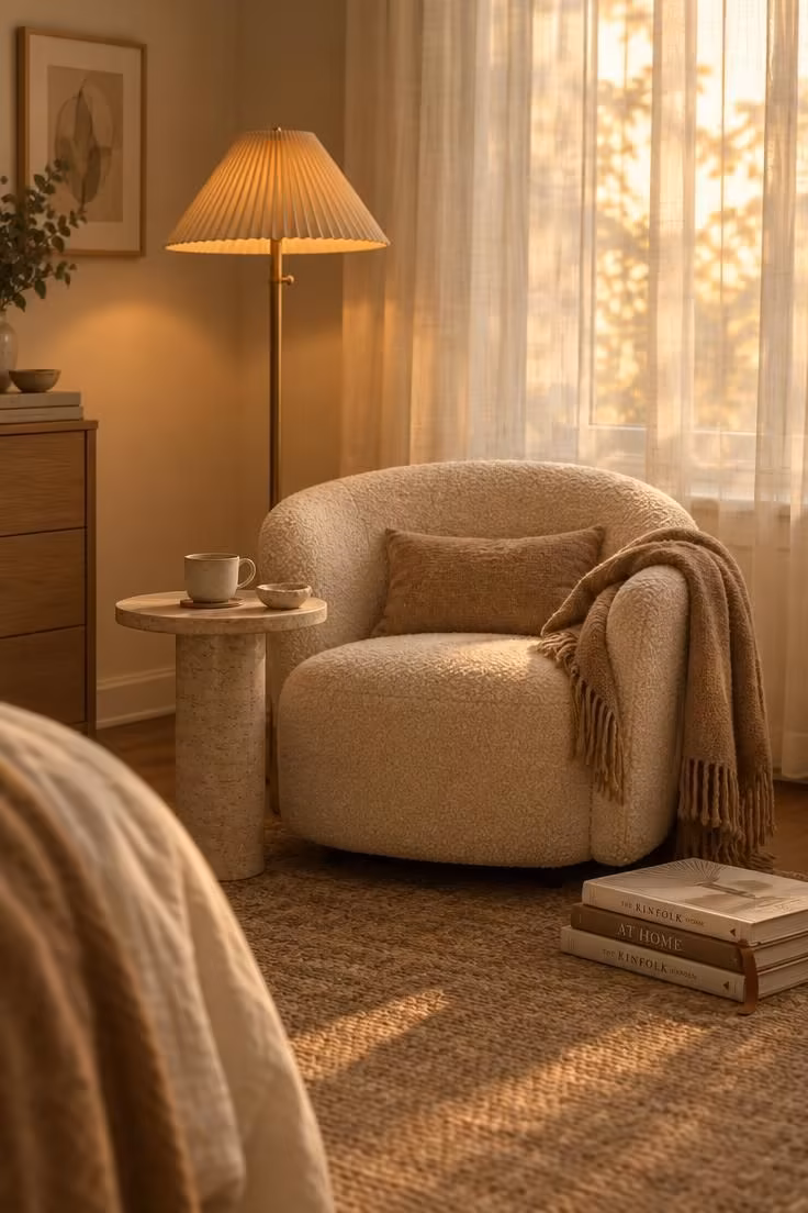 13 Calm Adult Bedroom Ideas for Women to Feel at Home 6 Cream boucle accent chair beside a travertine side table and pleated-shade floor lamp, with a stack of books on the floor in warm late-day light.