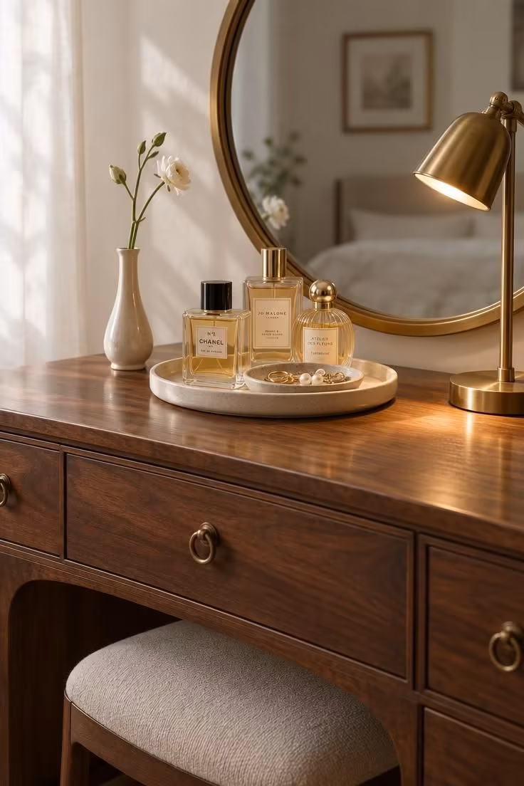 13 Calm Adult Bedroom Ideas for Women to Feel at Home 7 Round brass-framed mirror leaning above a vintage walnut dresser with a tray of perfume and jewelry, a bud vase, and a small task lamp in soft morning light.