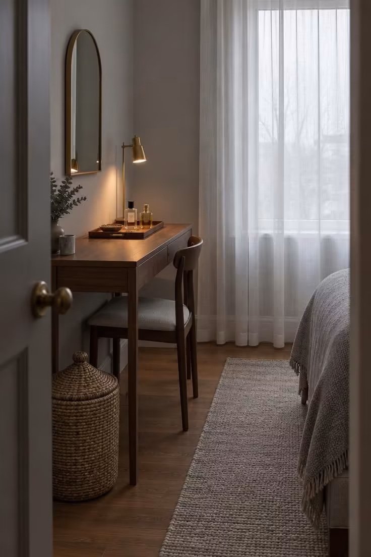 13 Calm Adult Bedroom Ideas for Women to Feel at Home 9 Slim walnut desk with an arched mirror above, one tucked chair, and a seagrass basket beside it, lit by cool overcast light from the right.