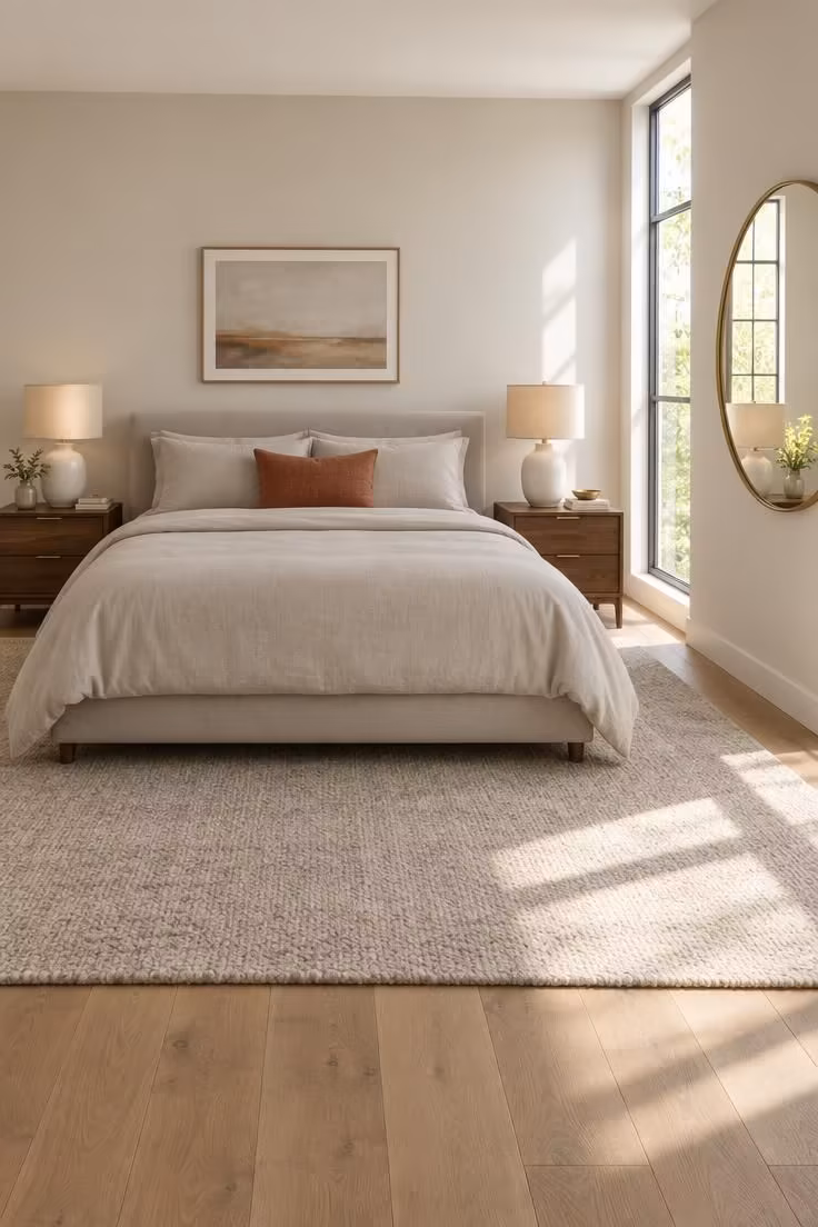 13 Calm Adult Bedroom Ideas for Women to Feel at Home 10 Symmetrical bed setup with matching nightstands and lamps, a large round brass-framed mirror on the side wall, and bright midday light brightening the corner.