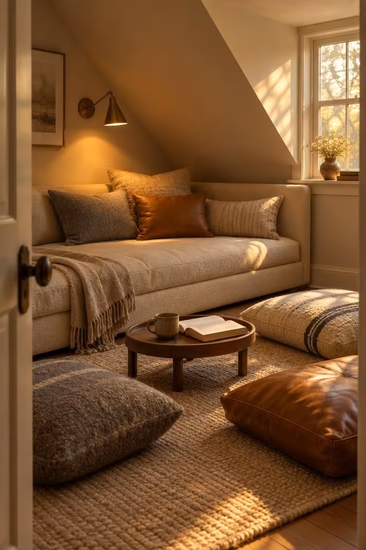 13 Calm Adult Bedroom Ideas for Women to Feel at Home 11 Low daybed under a sloped ceiling with mixed-texture floor cushions, a wall reading light, and a small tray table in warm golden light.