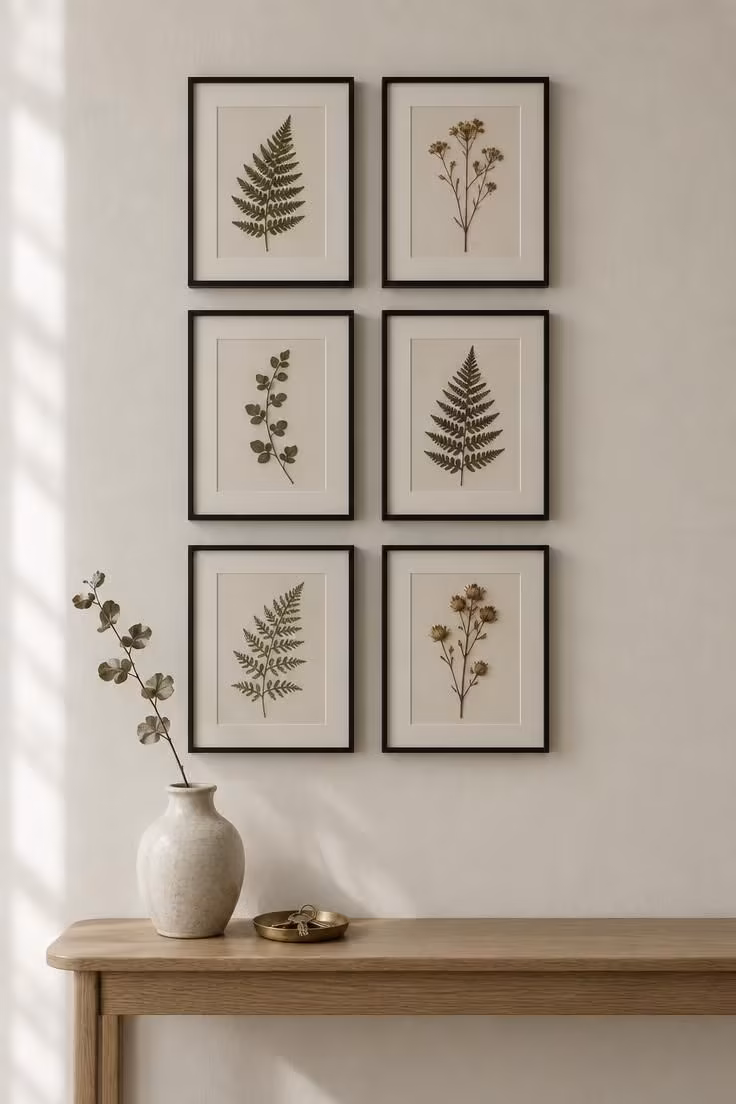 13 Calm Adult Bedroom Ideas for Women to Feel at Home 12 Tight two-by-three grid of thin black frames with pressed ferns on cream paper above a slim oak console and a single ceramic vase in soft daylight.