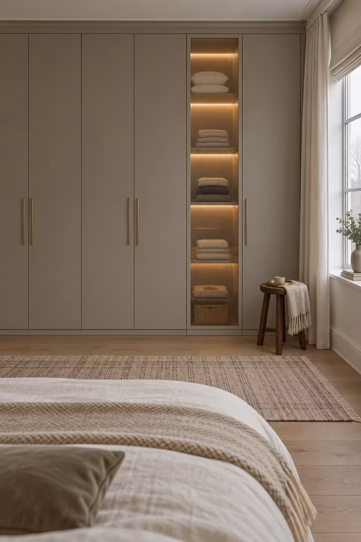 13 Calm Adult Bedroom Ideas for Women to Feel at Home 13 Full wall of matte putty built-in wardrobes with brass pulls, one fluted glass section glowing with warm interior light onto folded linens, and a walnut stool nearby.