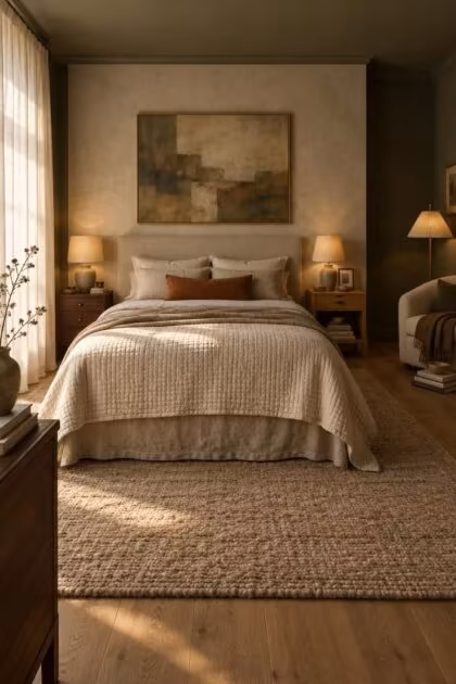 13 Calm Adult Bedroom Ideas for Women to Feel at Home Serene adult bedroom with deep olive walls, an oatmeal linen headboard and layered bedding, mismatched wood nightstands with ceramic lamps, a boucle chair with a pleated-shade lamp in the corner, and warm late-afternoon light through sheer linen curtains.