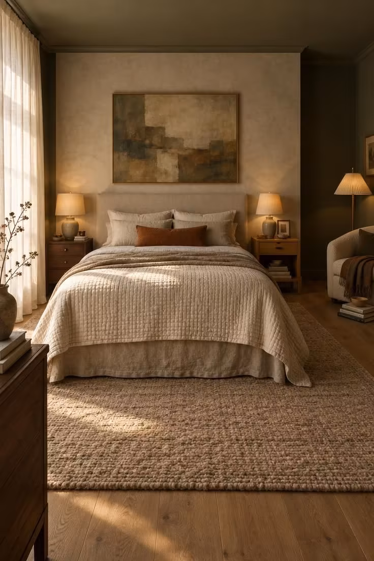Simple Spaces 17 Serene adult bedroom with deep olive walls, an oatmeal linen headboard and layered bedding, mismatched wood nightstands with ceramic lamps, a boucle chair with a pleated-shade lamp in the corner, and warm late-afternoon light through sheer linen curtains.