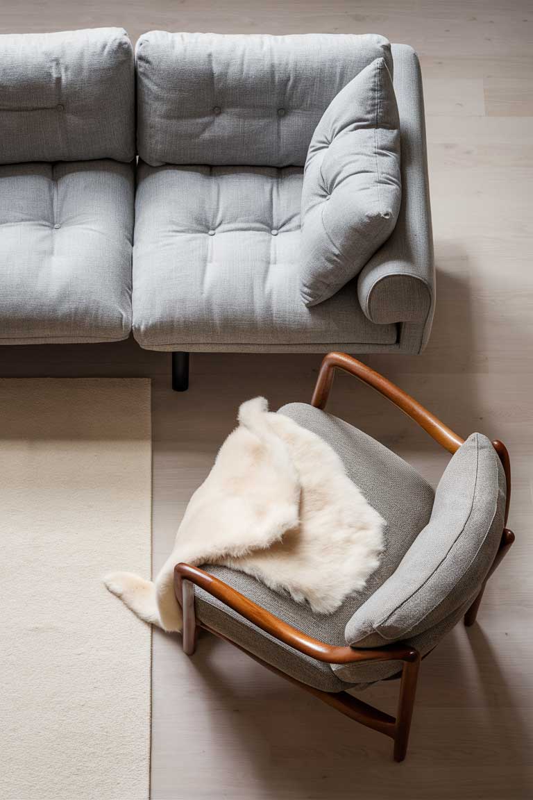 An arrangement featuring a light gray low-profile sofa with tufted cushions and a wooden armchair with curved lines. A white sheepskin throw is draped over the armchair. The furniture is arranged on a light wood floor with a simple, pale rug underneath.