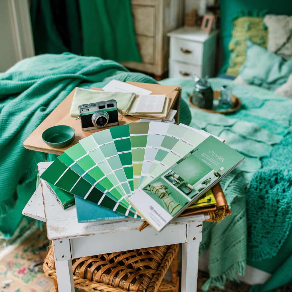 A color palette showcasing various shades of green, from deep emerald to light mint.