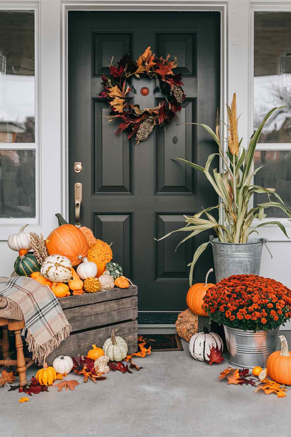 An asymmetrical porch arrangement with a large, rustic wooden crate filled with pumpkins and gourds on one side of the door. On the other side, a tall corn stalk in a simple metal bucket stands next to a shorter pot of mums, creating a varied yet balanced composition.