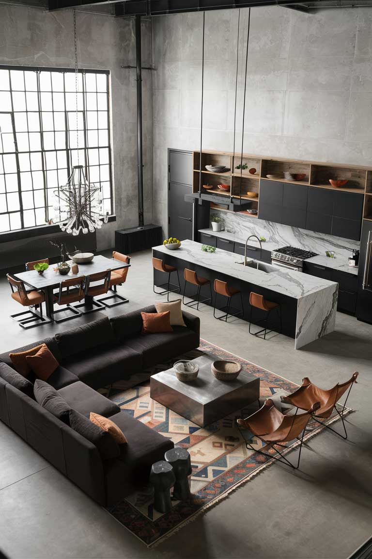 A expansive industrial minimalist living space with an open floor plan. The living area seamlessly flows into a dining space and kitchen, defined by thoughtful furniture placement rather than walls. A large area rug under the living room seating creates a visual boundary, while a statement pendant light over the dining table marks another zone. The cohesive color scheme and consistent use of materials unify the entire space.