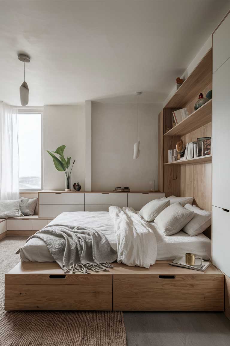 An elegant and beatiful minimalist small bedroom featuring a wood platform bed with built-in drawers. The bed is dressed in white linens with a light grey throw.