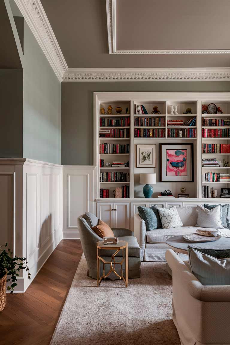 A small living room with elegant crown molding along the ceiling. The lower half of the walls features white wainscoting, while the upper half is painted in a soft grey. One wall has floor-to-ceiling built-in shelving painted white, displaying books, artwork, and decorative objects.