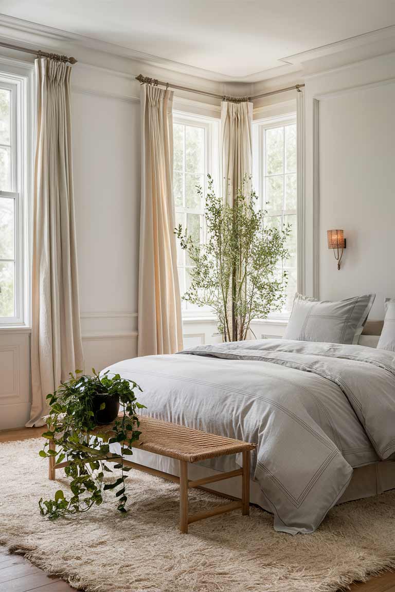 A serene bedroom with white walls, light grey bedding, and beige curtains. The room is bathed in soft natural light, highlighting the subtle texture variations in the neutral color scheme. A single potted plant adds a touch of green to the otherwise monochromatic space.