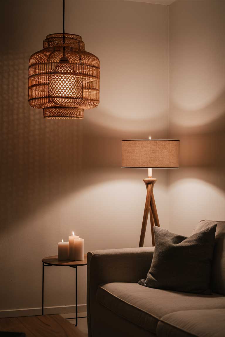 An evening scene in a minimalist living room. A large woven rattan pendant light hangs from the ceiling, casting a warm, patterned glow. On a side table, a simple arrangement of pillar candles adds to the cozy atmosphere. In the corner, a floor lamp with a wooden base and linen shade provides soft, ambient light.