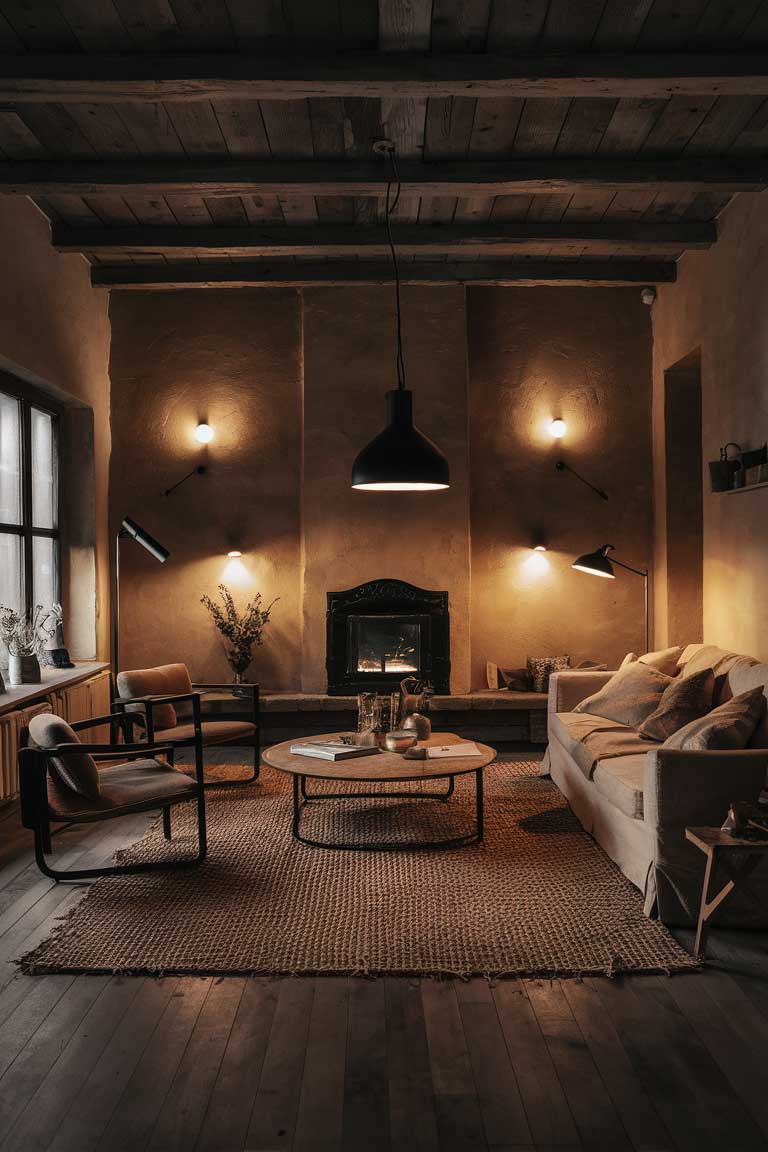 An evening shot of a rustic minimalist living room bathed in warm, soft light from various sources, highlighting the textures and creating a cozy ambiance.