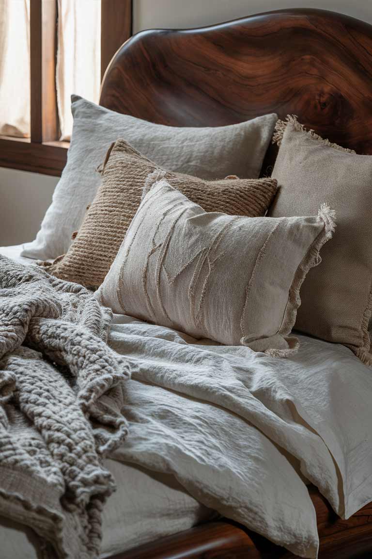 A detail shot of a bed with dark wooden frame. The bedding is a mix of textures: crisp white linen sheets, a chunky knit wool throw in pale gray, and decorative pillows in various natural fabrics.