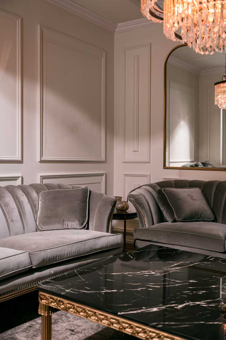 A small, elegant living room with soft white walls, a plush grey velvet sofa, and a black marble coffee table with gold trim. A crystal chandelier hangs above, and there's a large mirror on one wall to create an illusion of space.