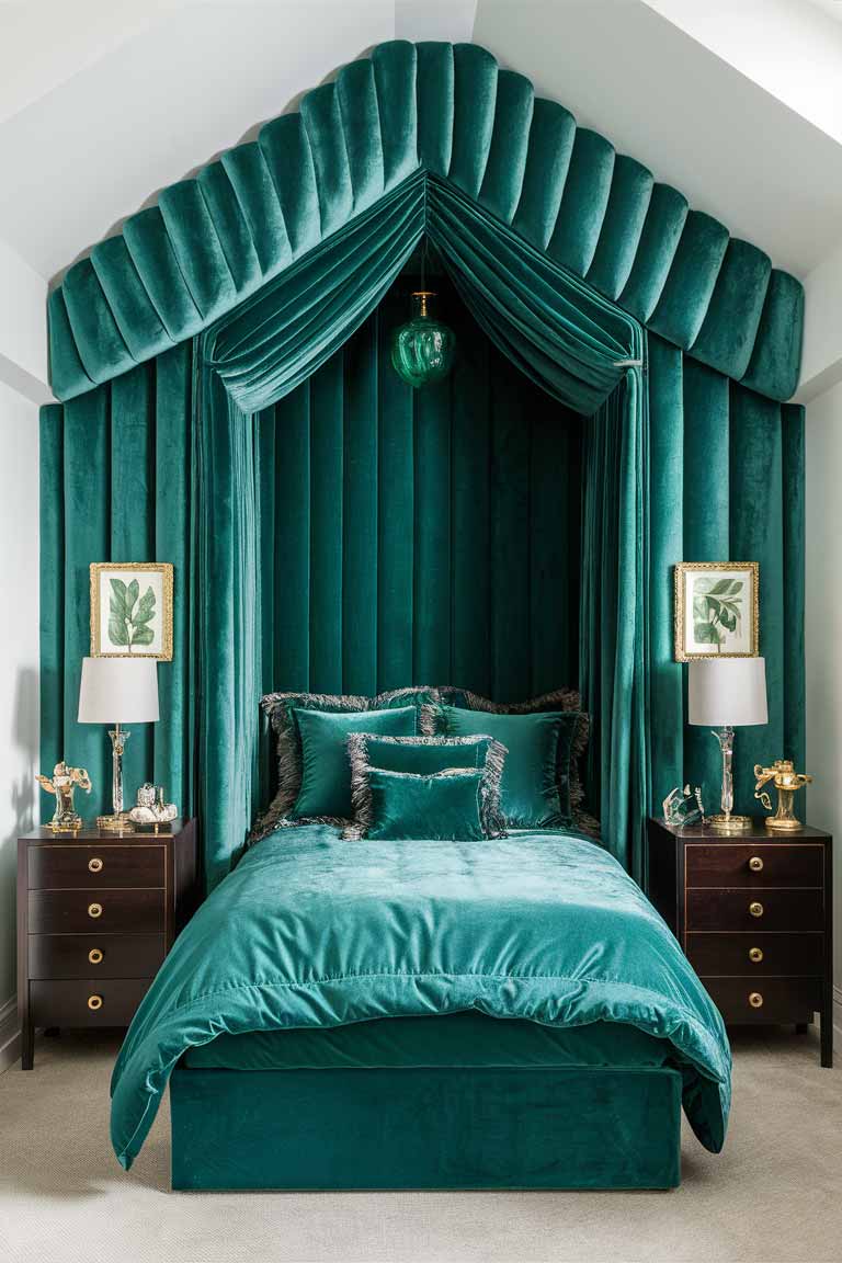 A luxurious tiny bedroom with an emerald green velvet accent wall. The bed has emerald bedding and is flanked by dark wood nightstands. Gold-framed botanical prints adorn the walls, and a small green glass chandelier hangs from the ceiling.