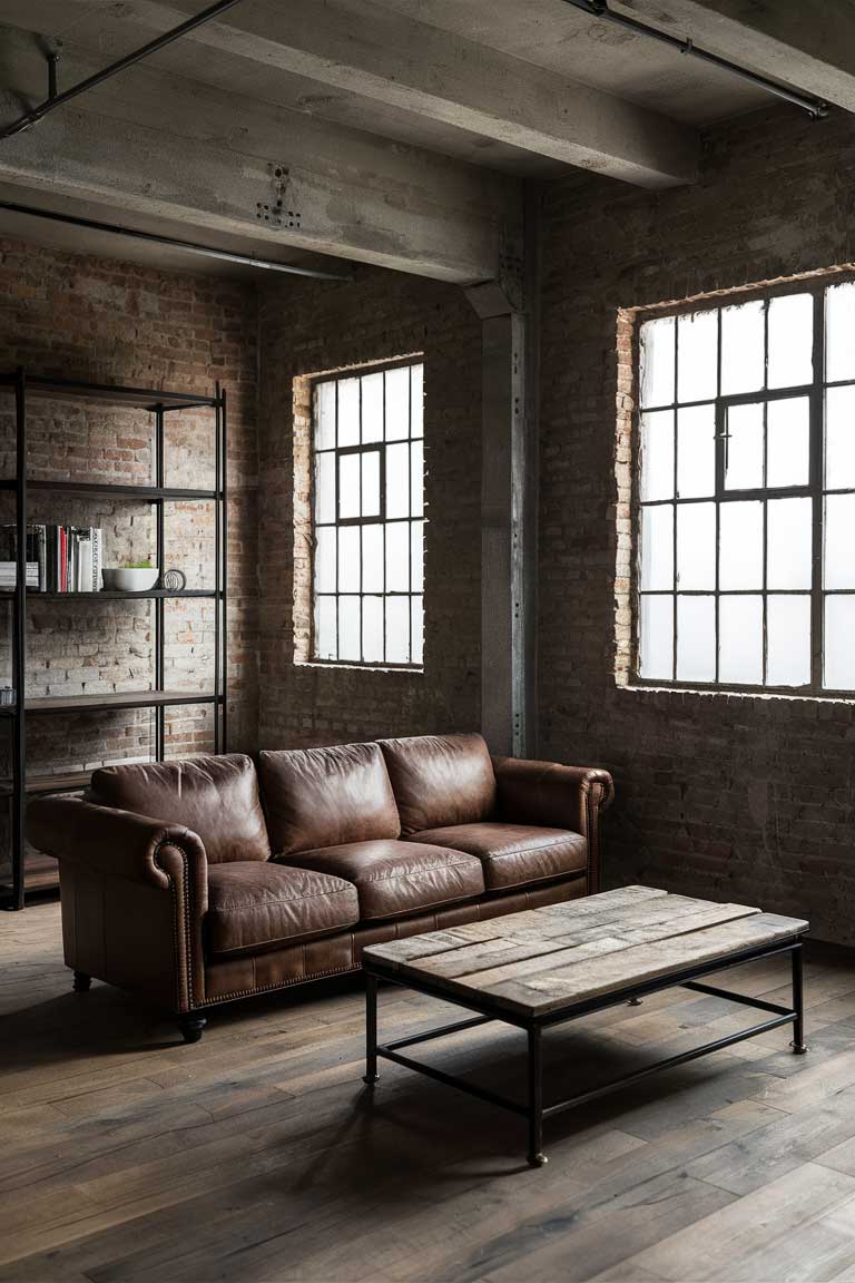 An industrial minimalist living room with exposed brick walls featuring a brown leather sofa, a reclaimed wood coffee table, and metal shelving.