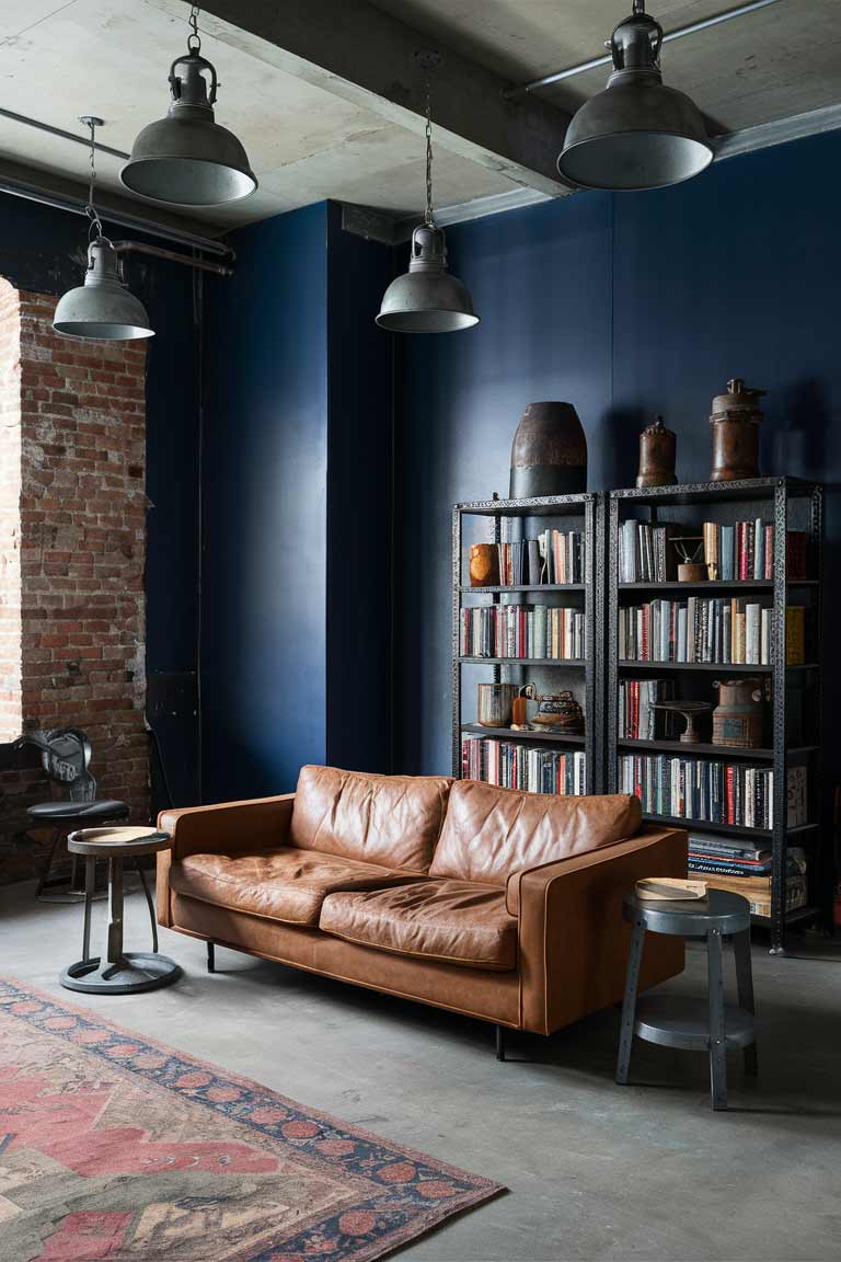 An industrial-style living room with navy blue walls and one exposed brick wall. The room features a leather sofa in a warm brown, accompanied by metal and wood side tables. A large metal bookshelf filled with books and industrial objects stands against one wall. Hanging from the ceiling are three metal pendant lights in different sizes. The concrete floor is partially covered by a vintage-style rug in muted colors. The image showcases how navy blue can be adapted to an industrial design aesthetic.