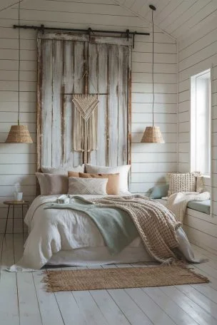 An inviting rustic minimalist bedroom bathed in soft natural light, featuring white shiplap walls and warm, honey-toned wooden floors. The focal point is a reclaimed barn door with a weathered patina, repurposed as a headboard for a simple bed. The bed is dressed in layers of soft linen in varying textures, with plush pillows and throws in shades of cream, beige, and muted sage. Above the bed, a macramé wall hanging with intricate details adds a touch of handcrafted warmth. On either side of the bed, minimalist pendant lights with woven rattan shades cast a gentle, ambient glow. A cozy reading nook is tucked by the window, with a comfortable armchair draped in a chunky knit blanket, and a small side table holding a steaming cup of tea. In the corner, a tall fiddle leaf fig plant, with its vibrant green leaves, brings a fresh burst of nature into the room, while a vintage wooden chest at the foot of the bed adds rustic charm. The room is completed with a soft jute rug underfoot, creating a serene and tranquil retreat.