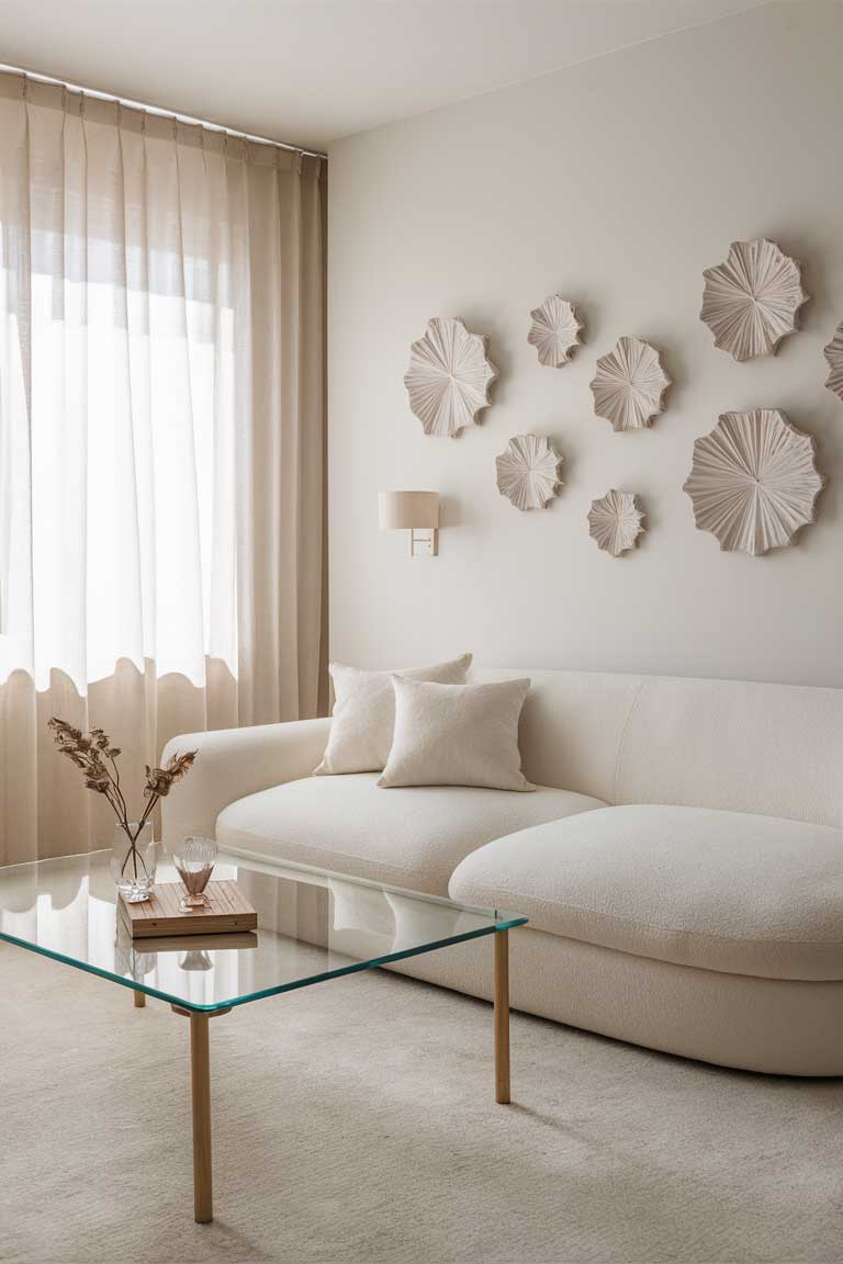 An ivory-themed minimalist living room with a soft ivory sofa, a glass coffee table, and delicate ivory-colored decor pieces on the walls. Light sheer curtains allow natural light to flood the room.