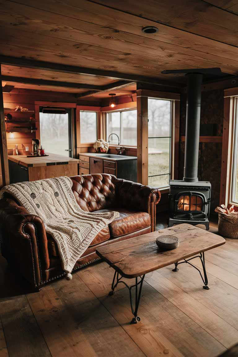 An open-concept rustic tiny house living area with a vintage leather sofa adorned with a chunky knit blanket. Include a wooden coffee table with iron legs and a cast-iron wood-burning stove in the corner.