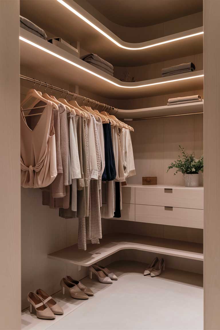 An open minimalist closet with a capsule wardrobe. Clothes in a cohesive color palette hang neatly on matching wooden hangers. A few pairs of shoes are lined up on the floor, and folded items are visible on upper shelves. The closet looks organized and uncluttered.